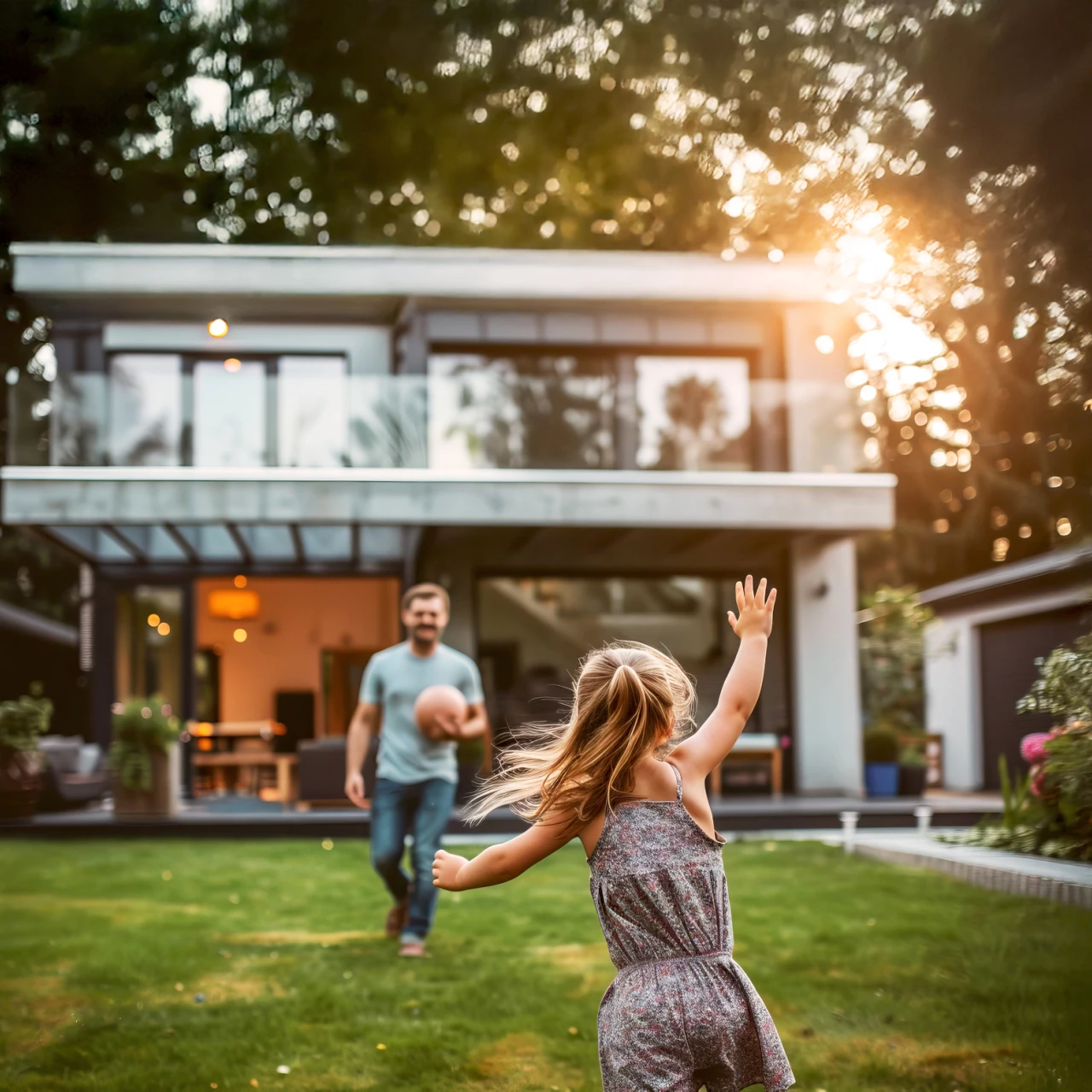 Ballspielen | © KWB, Olsek Vater und Tochter spielen im Garten mit dem Ball