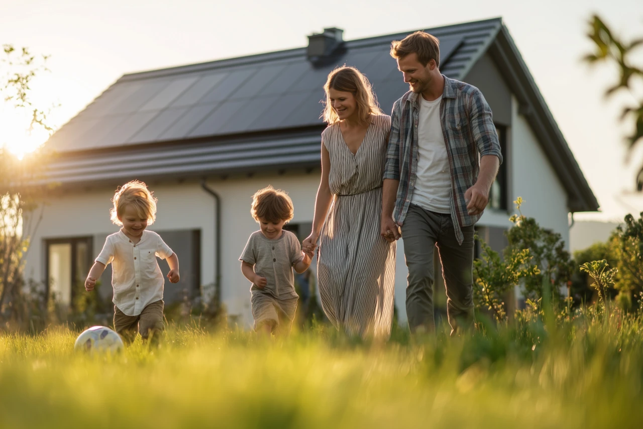 Familienspaß | © KWB, Midjourney Eltern mit spielenden Kindern im Garten