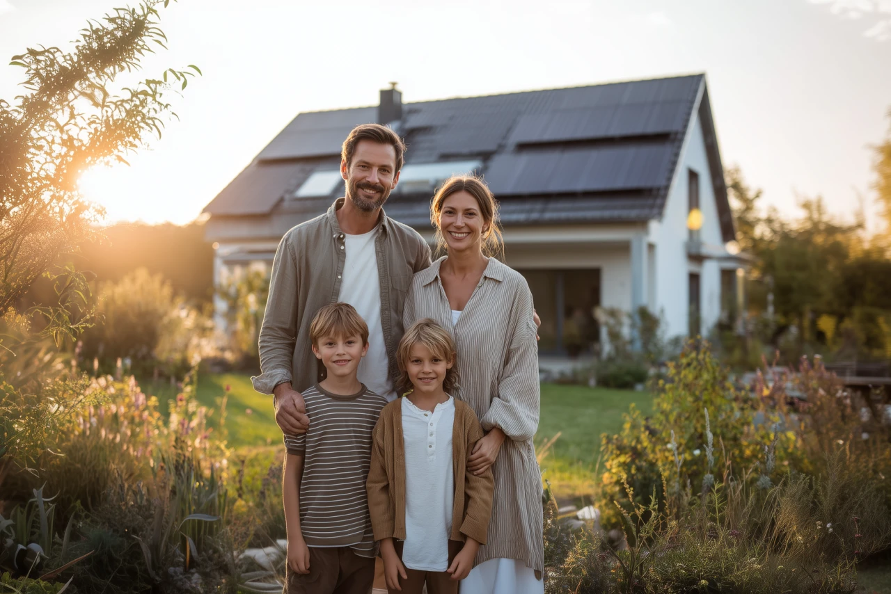 Familie | © KWB, Midjourney Familie vor modernem Haus