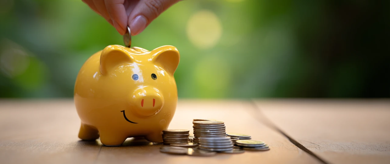 Gelbes Sparschwein | © Midjourney Eine Person wirft eine Muenzen in ein gelbes Sparschwein