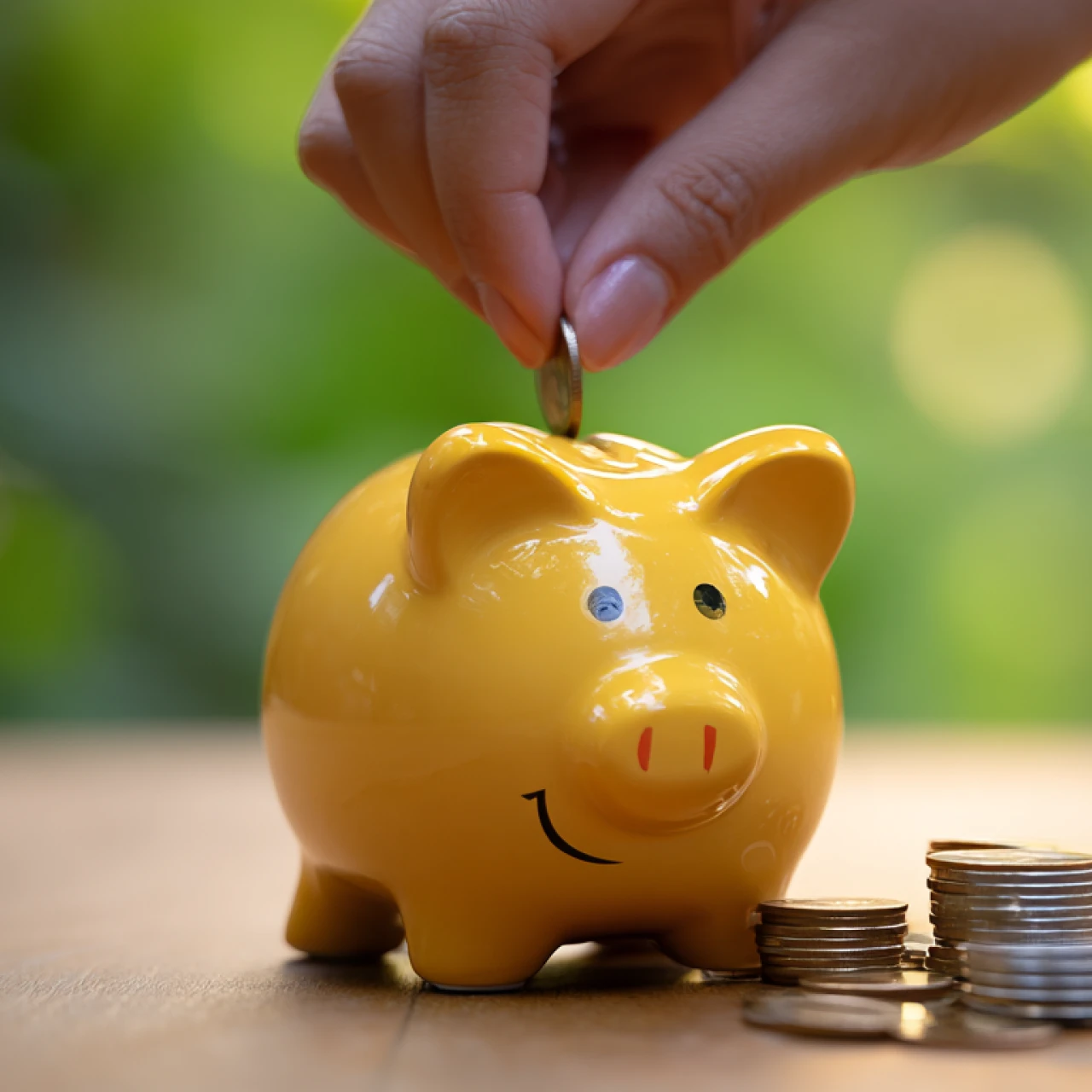 Gelbes Sparschwein | © Midjourney Eine Person wirft eine Muenzen in ein gelbes Sparschwein