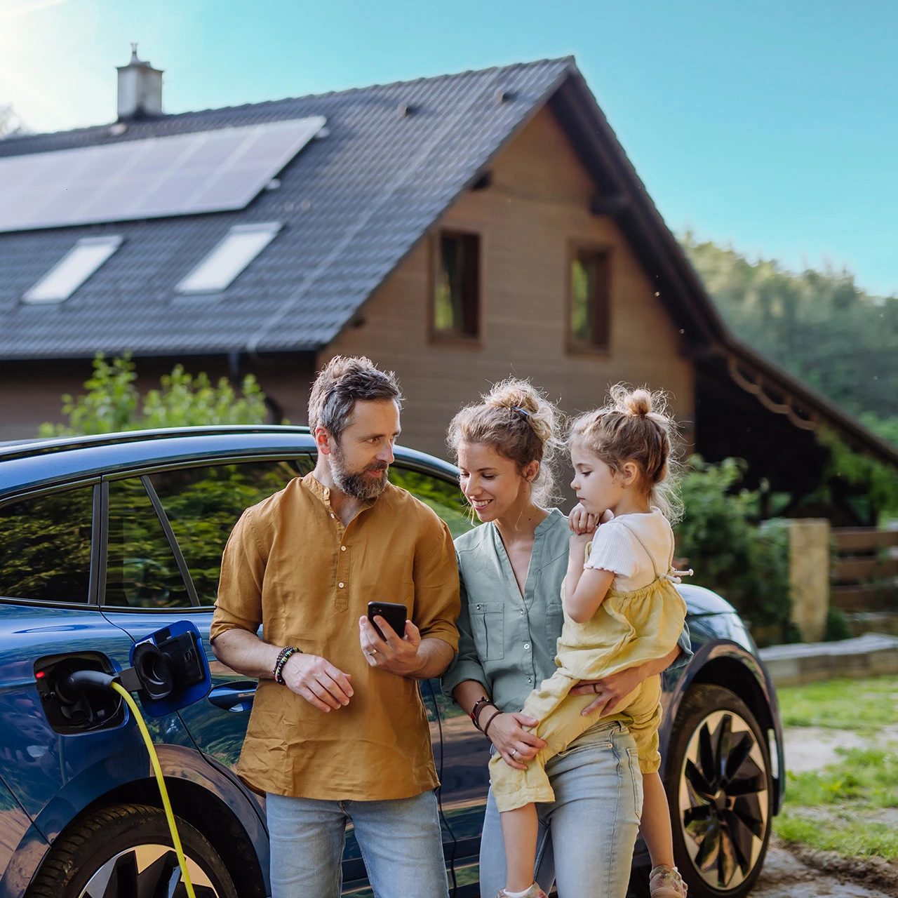 © KWB, Halfpoint Familie steht neben einem Elektroauto beim Laden, im Hintergrund ein Haus mit Photovoltaikanlage.