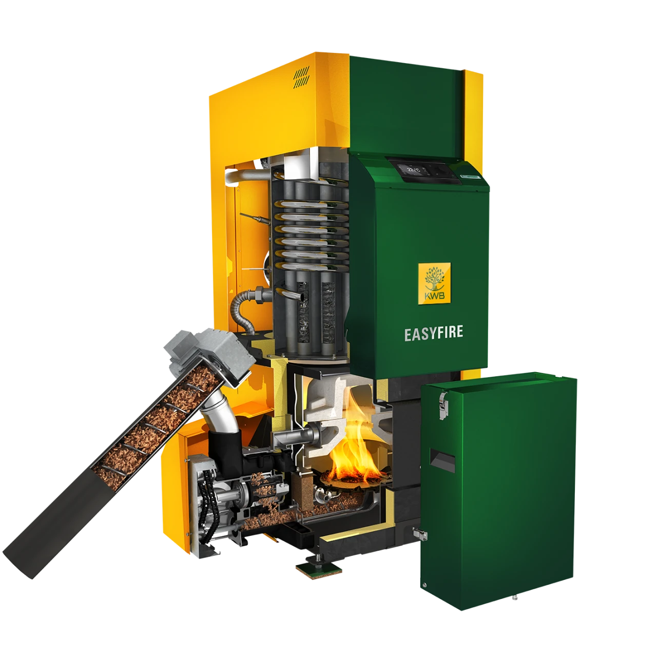 KWB Easyfire 2 | © KWB Man sieht ein Schnittbild vom KWB Easyfire 2 und sieht somit aus welchen Teilen der Kessel besteht