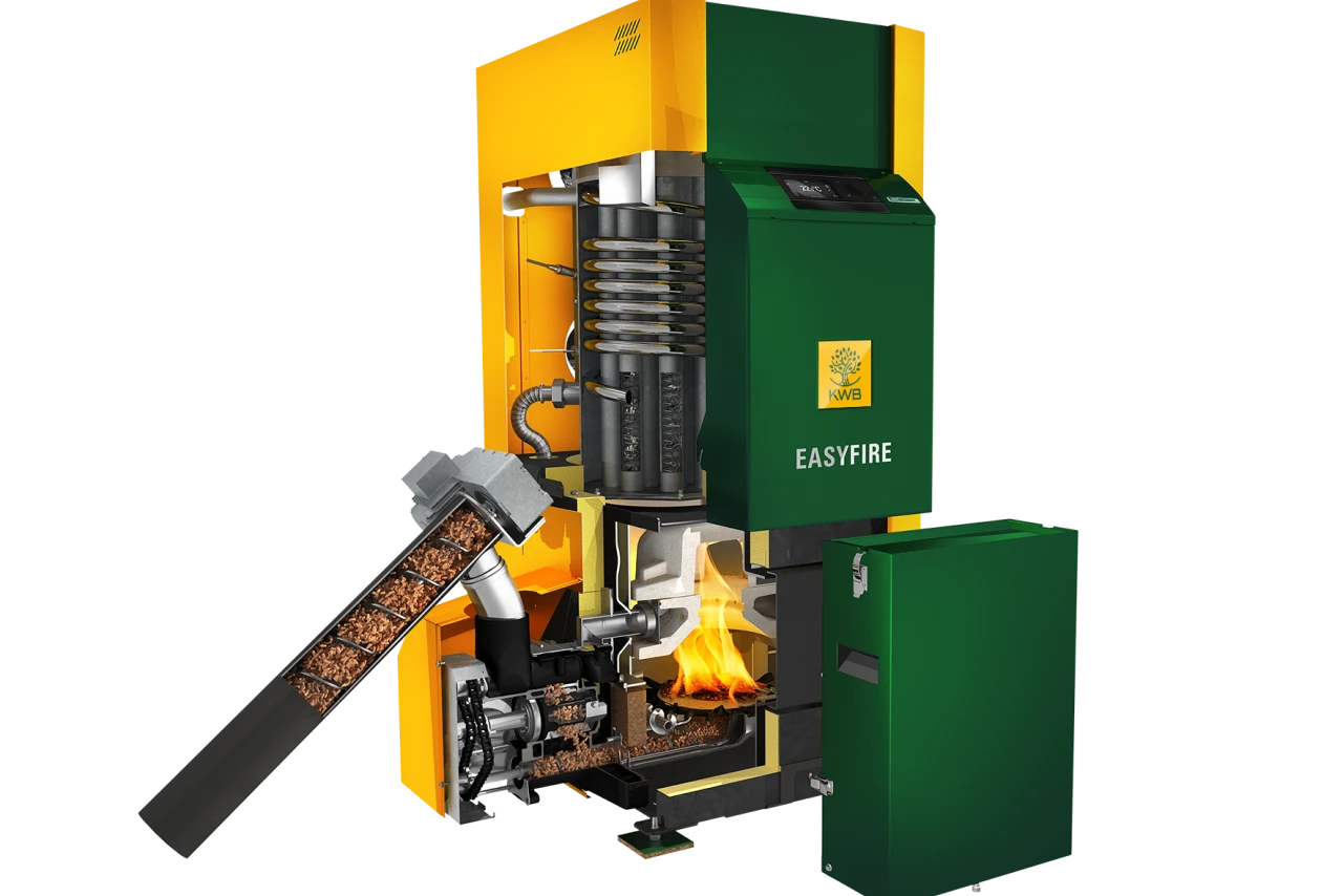 KWB Easyfire 2 | © KWB Man sieht ein Schnittbild vom KWB Easyfire 2 und sieht somit aus welchen Teilen der Kessel besteht
