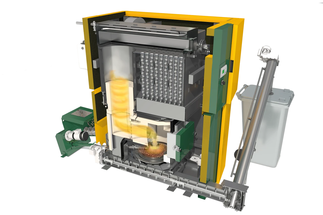 KWB Powerfire 1 | © KWB Man sieht ein Schnittbild vom KWB Powerfire 1 und sieht somit aus welchen Teilen der Kessel besteht