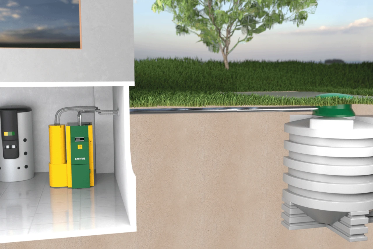 Kompakte Lagerung in Erdtank | © KWB, boxquadrat Easyfire-Heizung im Keller mit unterirdischem Pelletlager im Garten