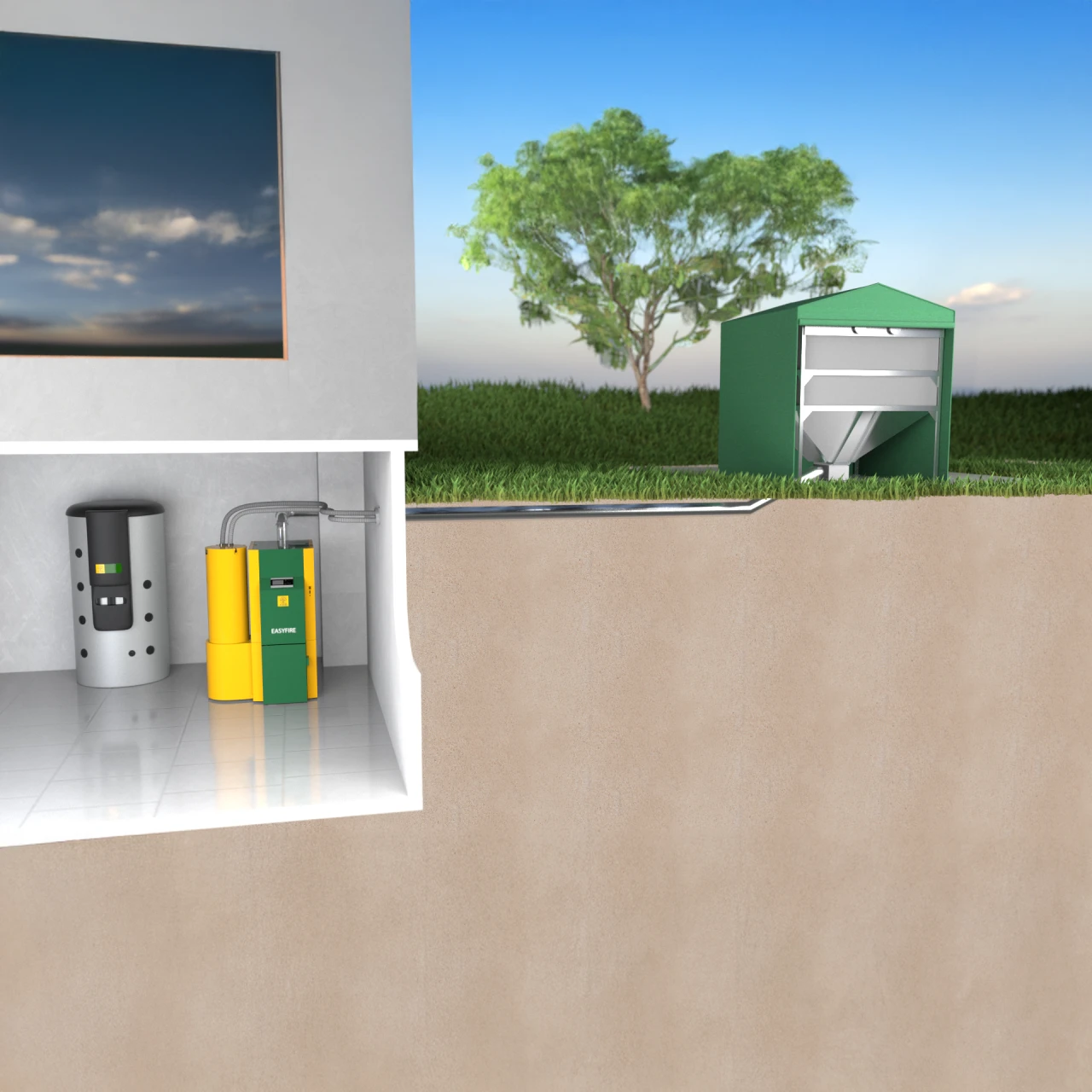 KWB Pelletbox mit Geo-Cover | © KWB, boxquadrat KWB Pelletbox mit Geo-Cover als Pelletlagerbehaelter