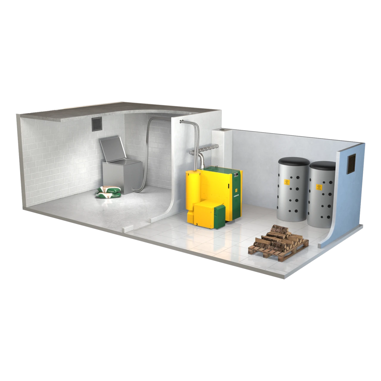 Quadratisch Freie Wahl des Lagerraums mit Vorratsbehälter | © KWB, boxquadrat Moderner Lagerraum, mit Wochenbehaelter und Saugforderung Quadratisch