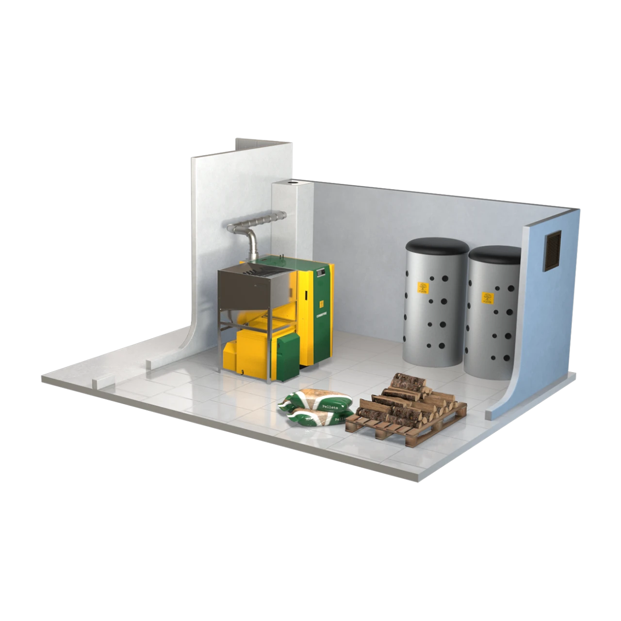 Alles in einem Raum | © KWB, boxquadrat Heizraum mit Pufferspeichern, Kessel, Pellets und Brennholz Quadratisch