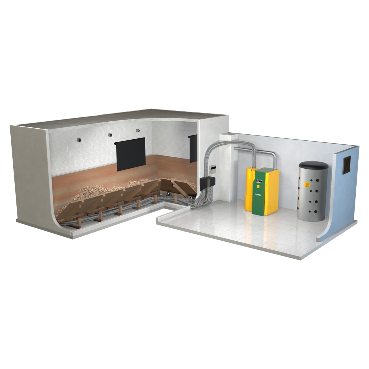 Lagerraum neben, über oder unter Heizraum | © KWB, boxquadrat Easyfire-Heizsystem mit großem Pelletlager und Pufferspeicher Quadratisch