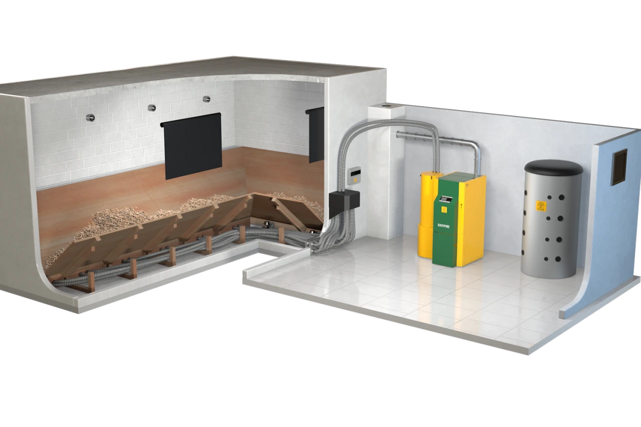 Lagerraum neben, über oder unter Heizraum | © KWB, boxquadrat Easyfire-Heizsystem mit großem Pelletlager und Pufferspeicher