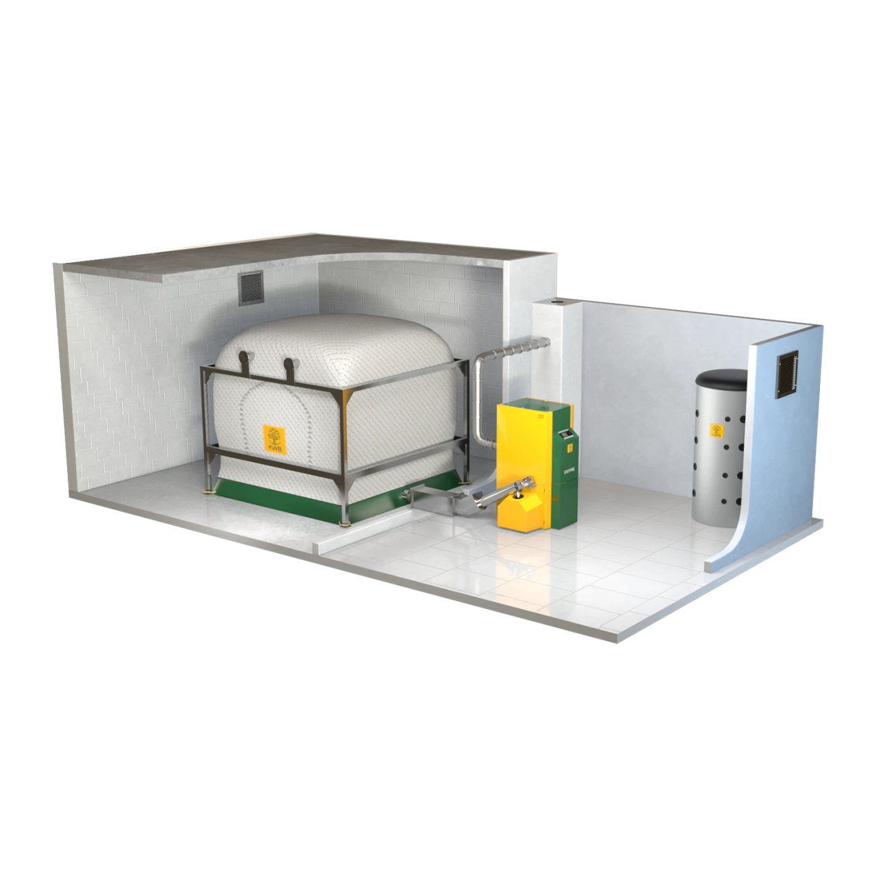 Lagerung im KWB Pellet Big Bag | © KWB, boxquadrat Easyfire-Heizraum mit flexiblem Wochenbehaelter und Pufferspeicher Quadratisch