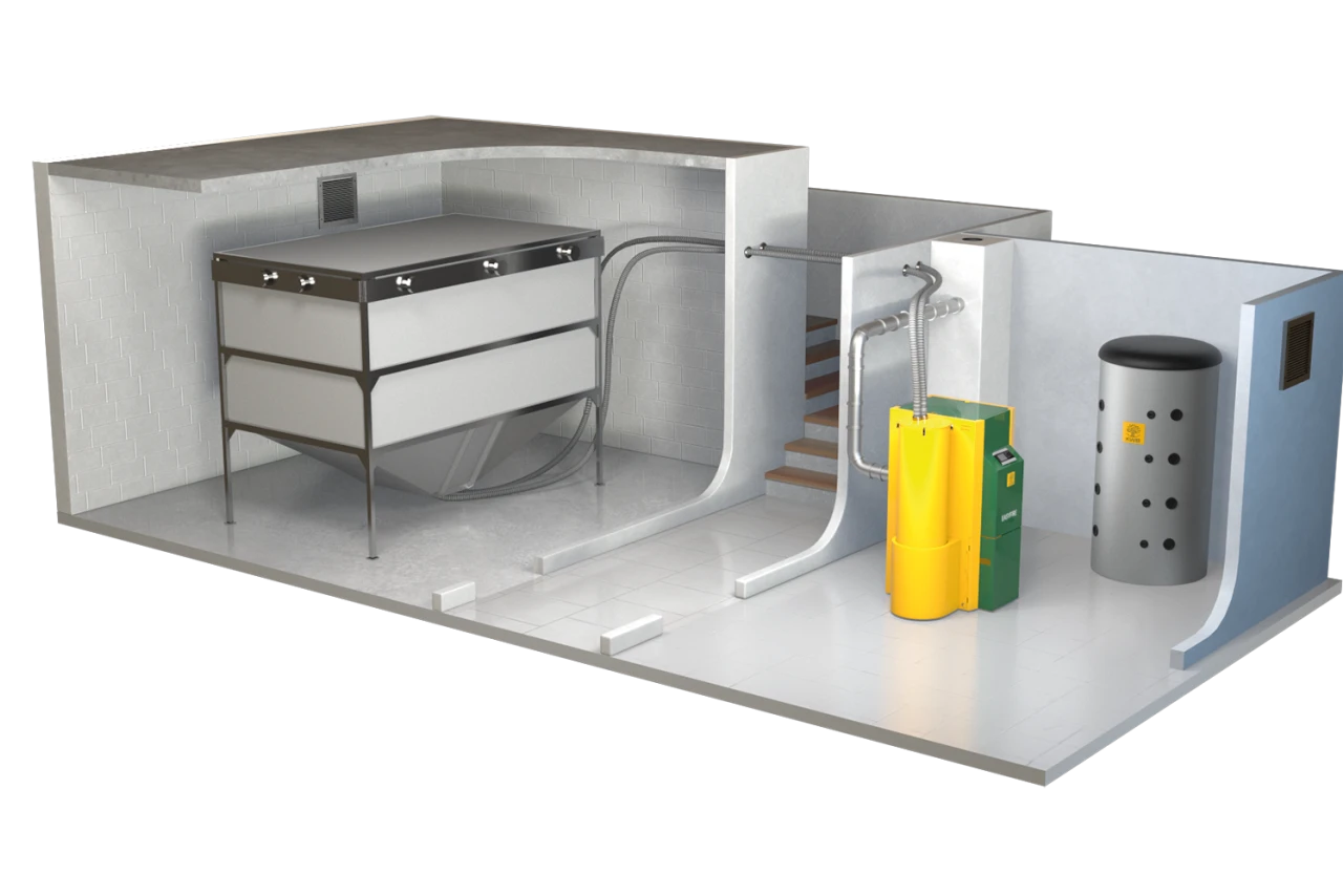 Kompakte Lagerung in KWB Pelletbox | © KWB, boxquadrat Starker Heizkessel, großer Pufferspeicher und robuster Vorratsbehaelter