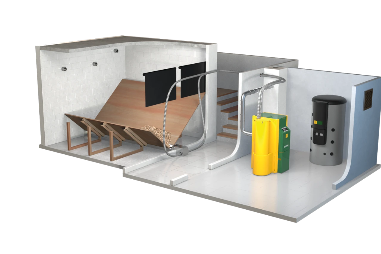 Lagerraum Schrägboden nicht an Heizraum angrenzend | © KWB, boxquadrat Pelletlager mit Foerderschnecke, moderner Pelletkessel und Pufferspeicher fuer effiziente Waerme.