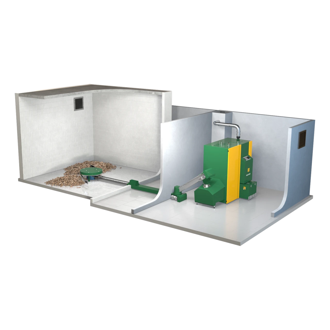 Lagerraum vom Heizraum entfernt | © KWB, boxquadrat Multifire 2 Lagerraum mit Ruehrwerk und Knickschnecke Quadratisch