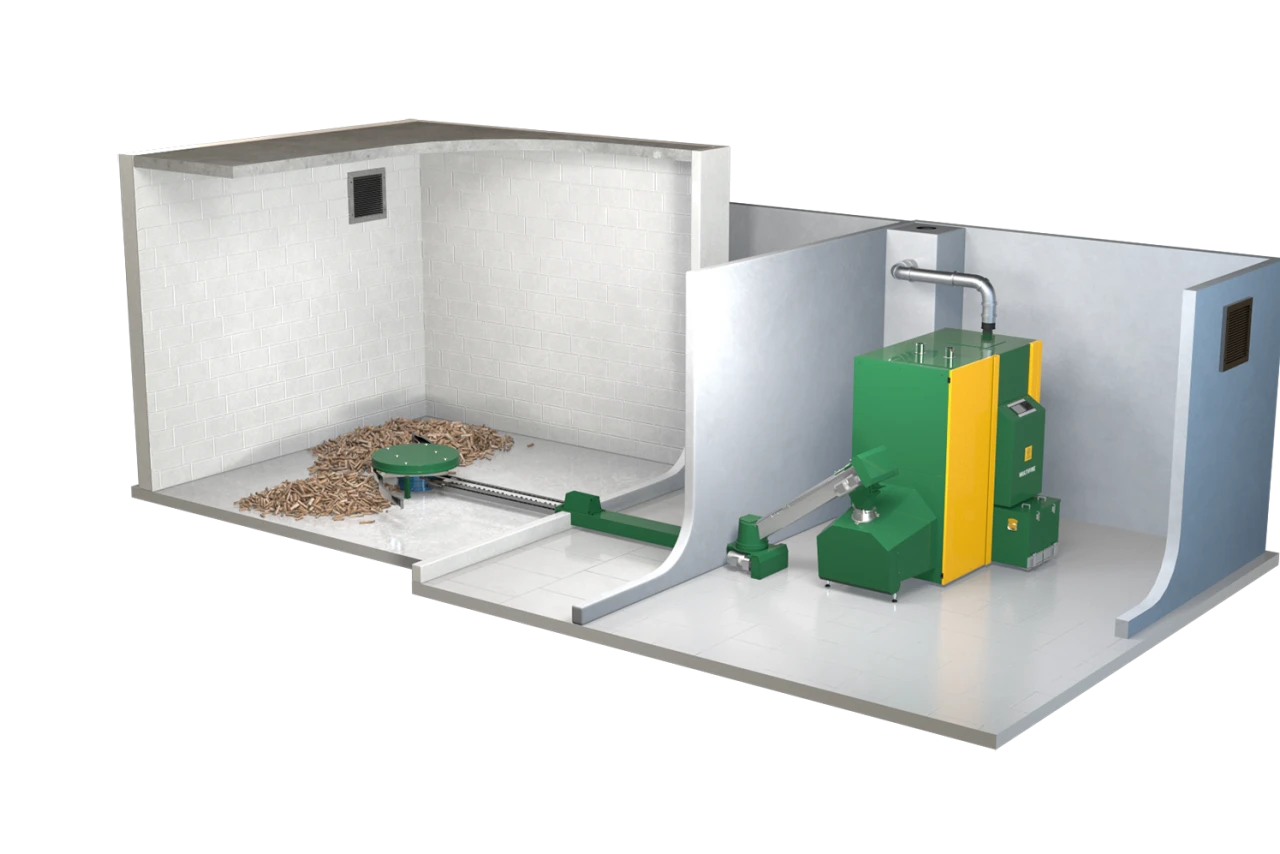 Lagerraum vom Heizraum entfernt | © KWB, boxquadrat Multifire 2 Lagerraum mit Ruehrwerk und Knickschnecke