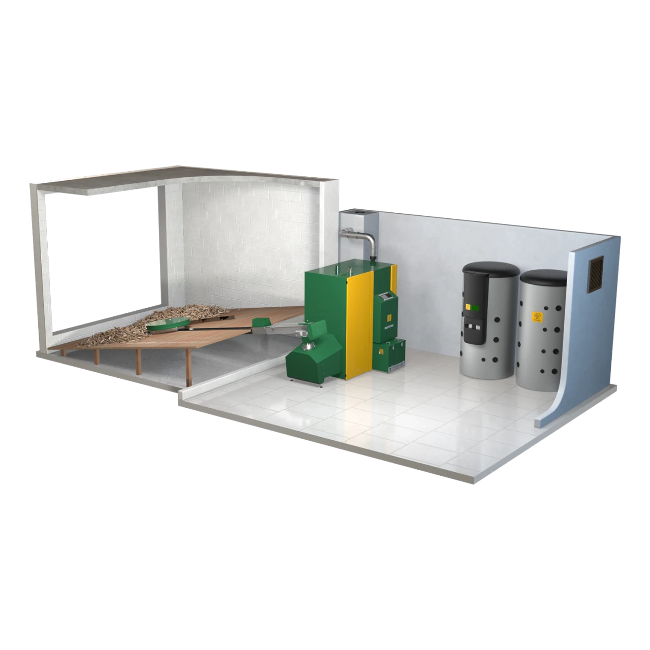 Lagerraum mit Schrägboden direkt neben Heizung | © KWB, boxquadrat Multifire 2-Lagerraum mit Ruehrwerk und Schraegboden Quadratisch