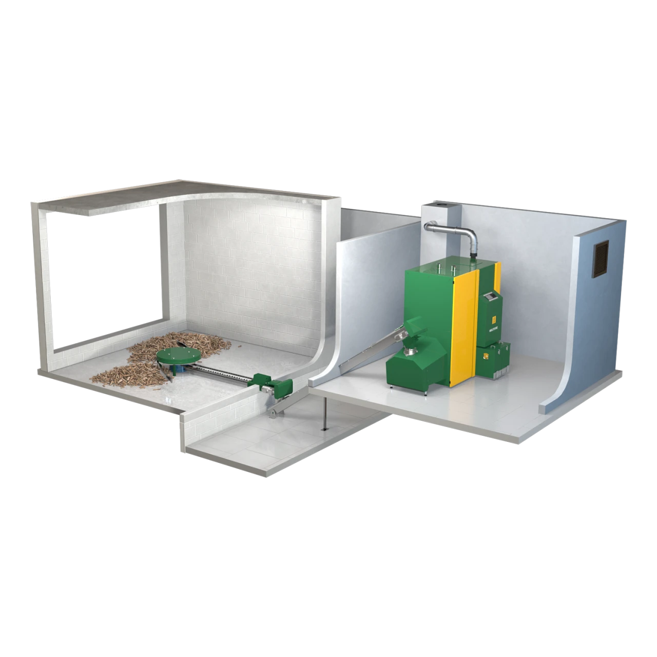 Lagerraum unter Heizraum | © KWB, boxquadrat Lagerraum-Multifire 2, Ruehrwerk und Steigschnecke mit Uebergabe nach unten Quadratisch
