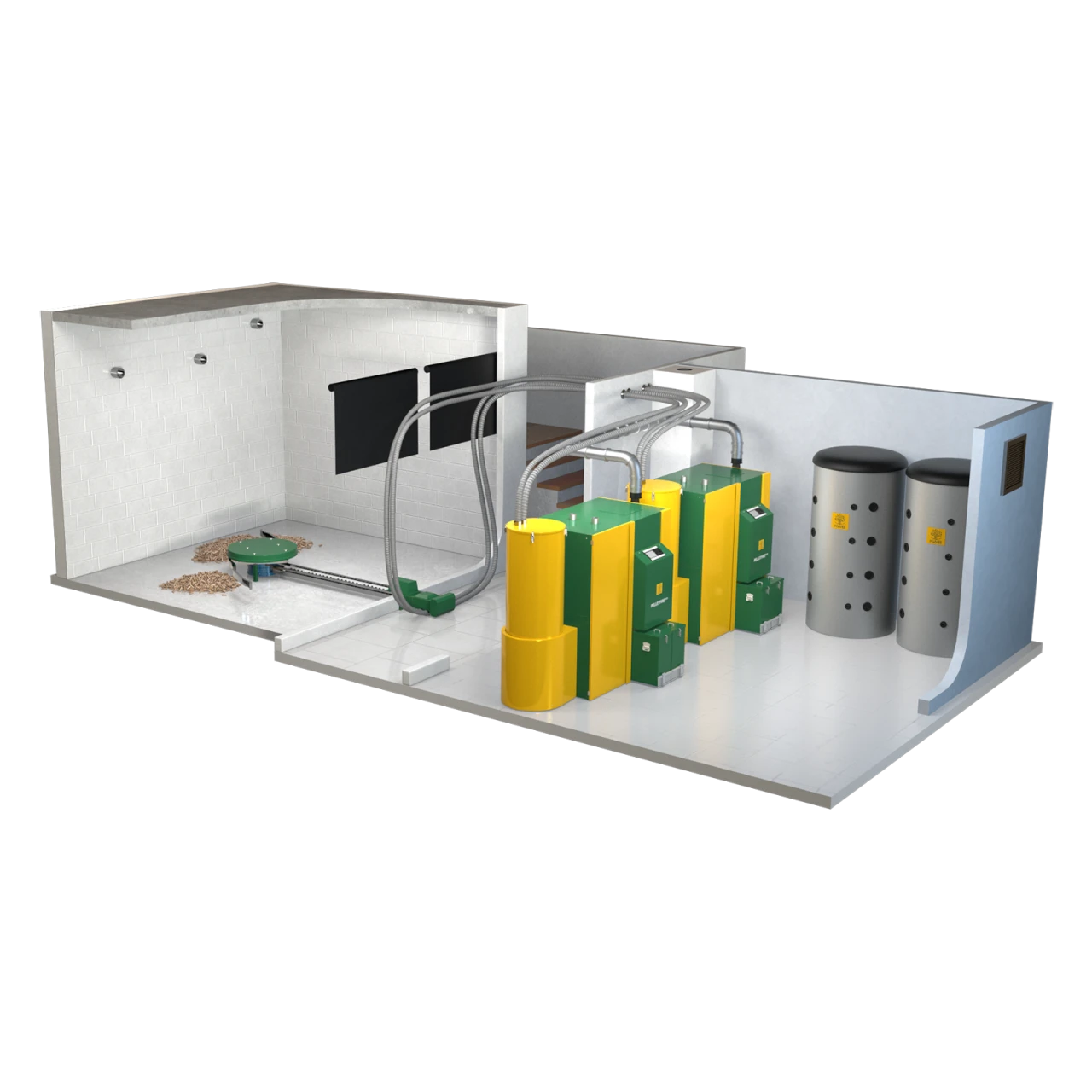 Ein Lagerraum für mehrere Heizkessel | © KWB, boxquadrat Lagerraum-Multifire 2, Doppelkesselanlage, Ruehrwerk und Saugfoerderung Quadratisch
