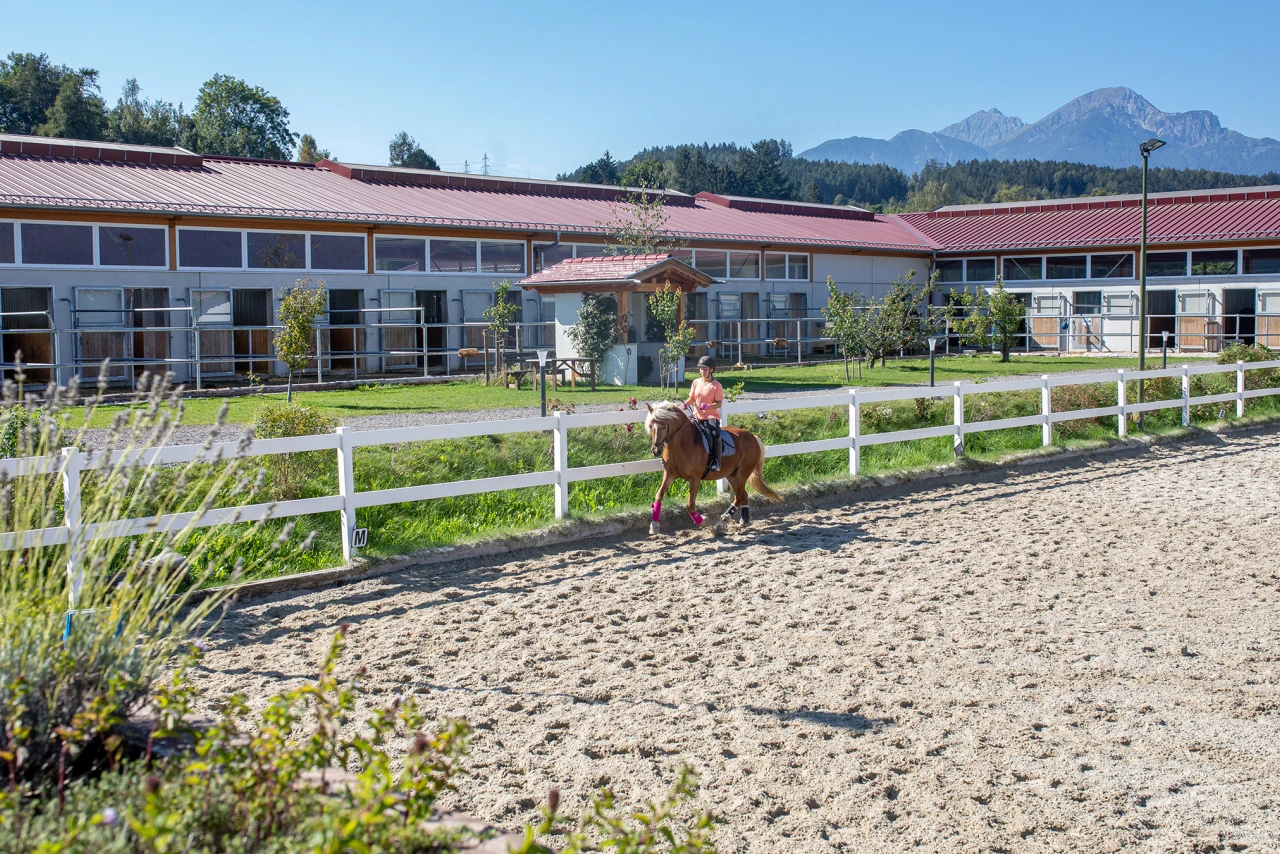 Referenzkunde Pferdesportzentrum | © KWB Hier sieht man wie eine Frau auf einem Pferd reitet bei dem Pferdezentrum