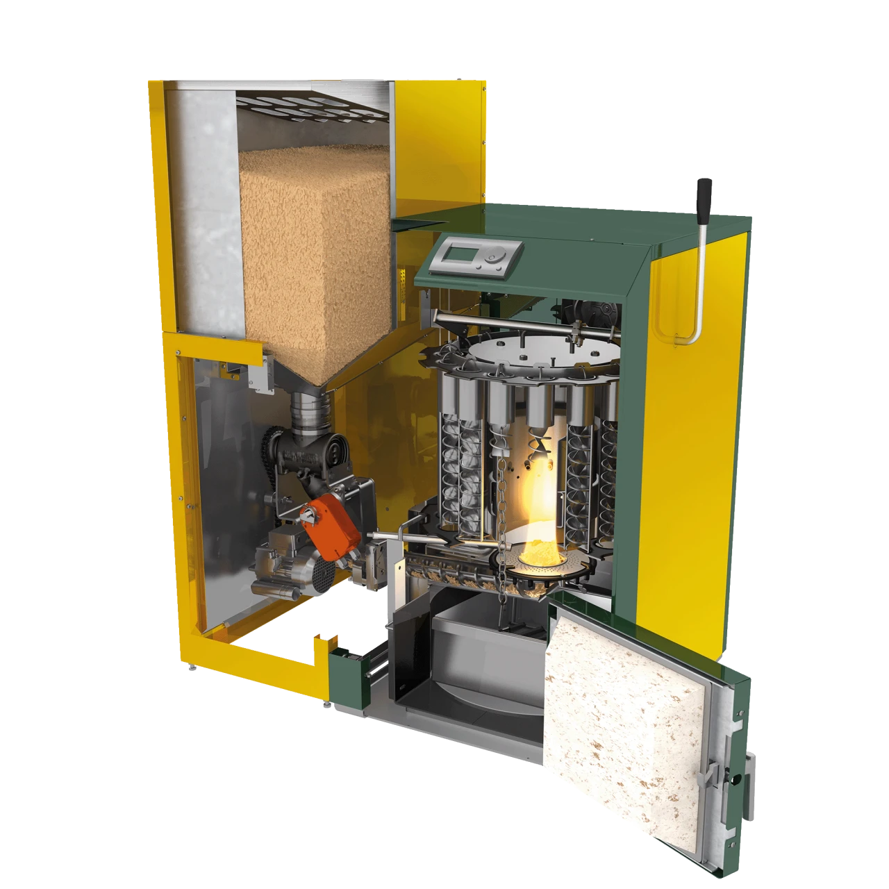 KWB Easyfire 1 | © KWB Man sieht ein Schnittbild von dem KWB Easyfire 1 und sieht somit aus welchen Teilen der Kessel besteht